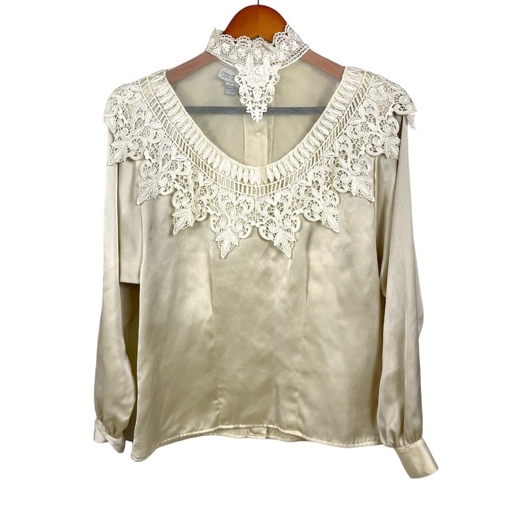 Vintage Sonya Ratay San Andre Blouse High Neck Lace Ivory 80’s Size 4